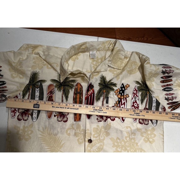 Palmwave Men's Hawaiian Camp Shirt‎ Ivory Surf Boards Palms Shirt SS L - Picture 7 of 9